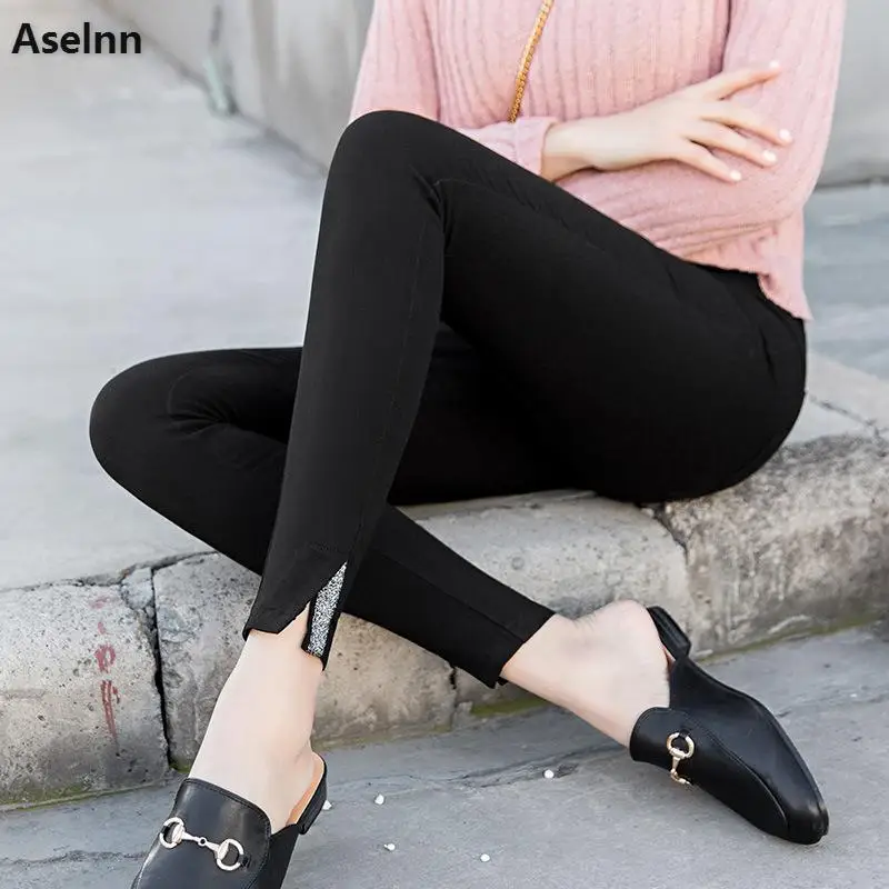 

Aselnn 2019 Spring Women Pencil Pants Fashion Slit Webbing Splicing Elastic Waist Thin Trousers Female Skinny Plus Size Pants