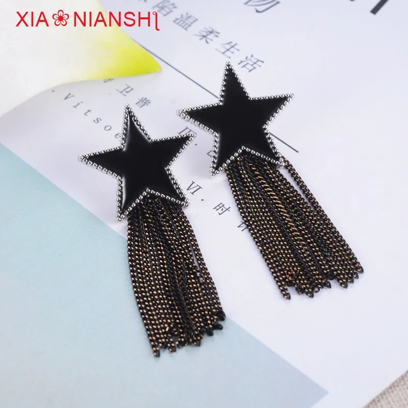 HTB16h1vQFXXXXbPXXXXq6xXFXXXo - Vintage Enamel Black Earrings Fashion Five-pointed Star With Copper Wire Tassels Long Earrings Star Brincos Jewelry For Women