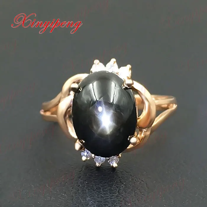 

18 k rose gold inlaid 100% natural starlight sapphire ring female with natural diamond Copper brown Fine jewelry