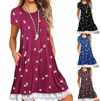 

2019 Women Ladies Casual Dot Printed Lace Patchwork Boho Pockets Mini Dress summer dress платье dress women Drop shipping