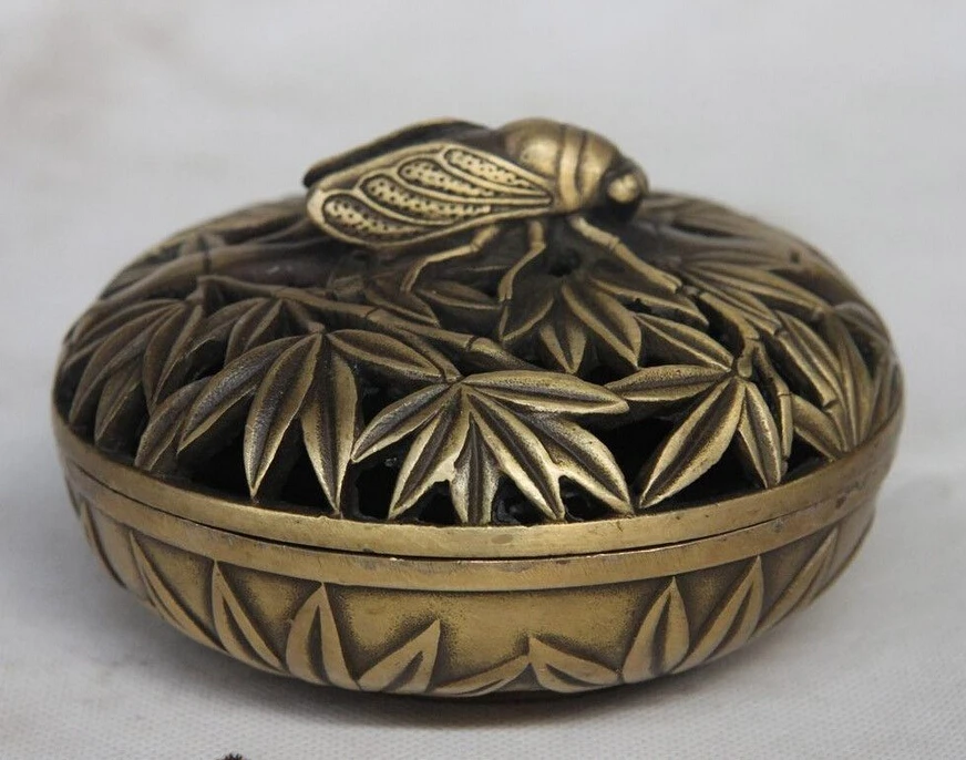 

China Palace Royal Bronze Copper Carved Bamboo Cicada Bowl Incense Burner Censer