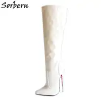 Sorbern สีขาวเข่าสูงรองเท้าสำหรับ 18 ซม. โลหะส้นรองเท้าที่กำหนดเองสีสุภาพสตรีรองเท้า Pointed Toe รองเท้าสตรี