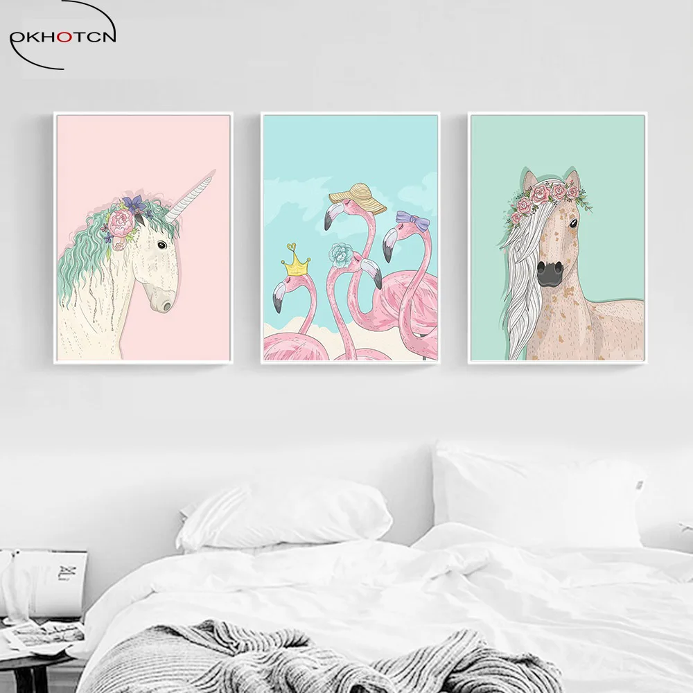 Cartoon-Girl-Unicorn-Flamingo-Poster-and-Print-Wall-Art-Canvas-Painting-Nordic-Style-Nursery-Picture-for