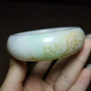 

H3#Russian material and Tian Yucui green white jade gold carved wide bracelet