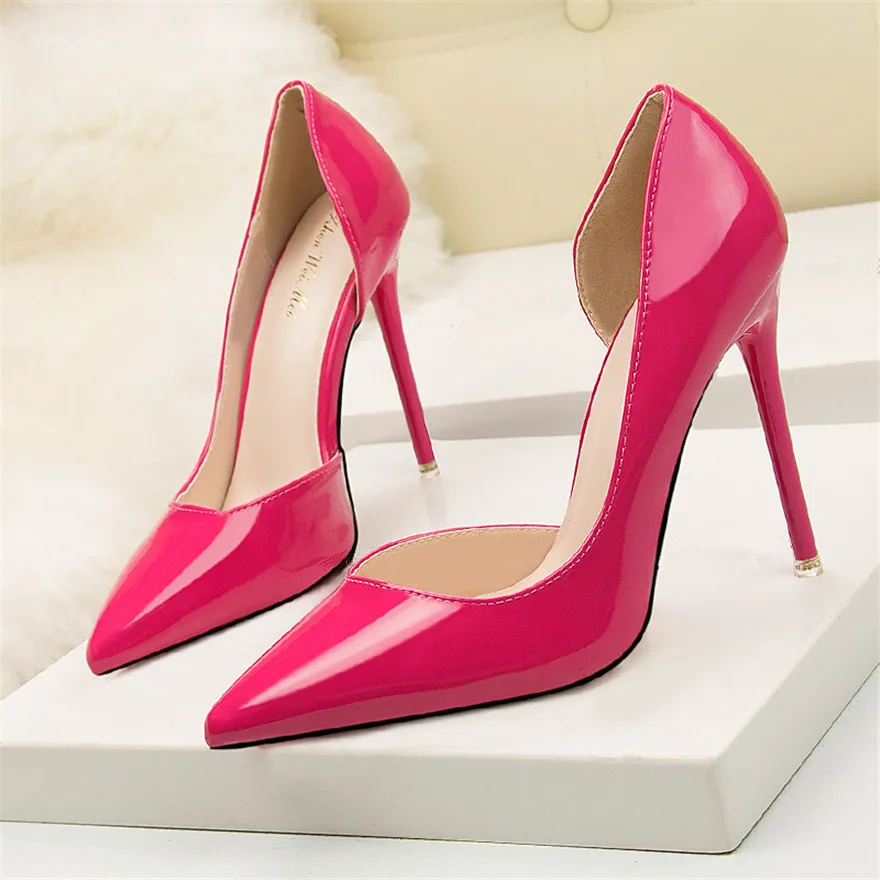 

2019 Concise Office Shoes Shallow Patent Leather High Heels Women Shoes Pointed Toe Side Cut-Outs Fashion Women Pumps 6 Colors