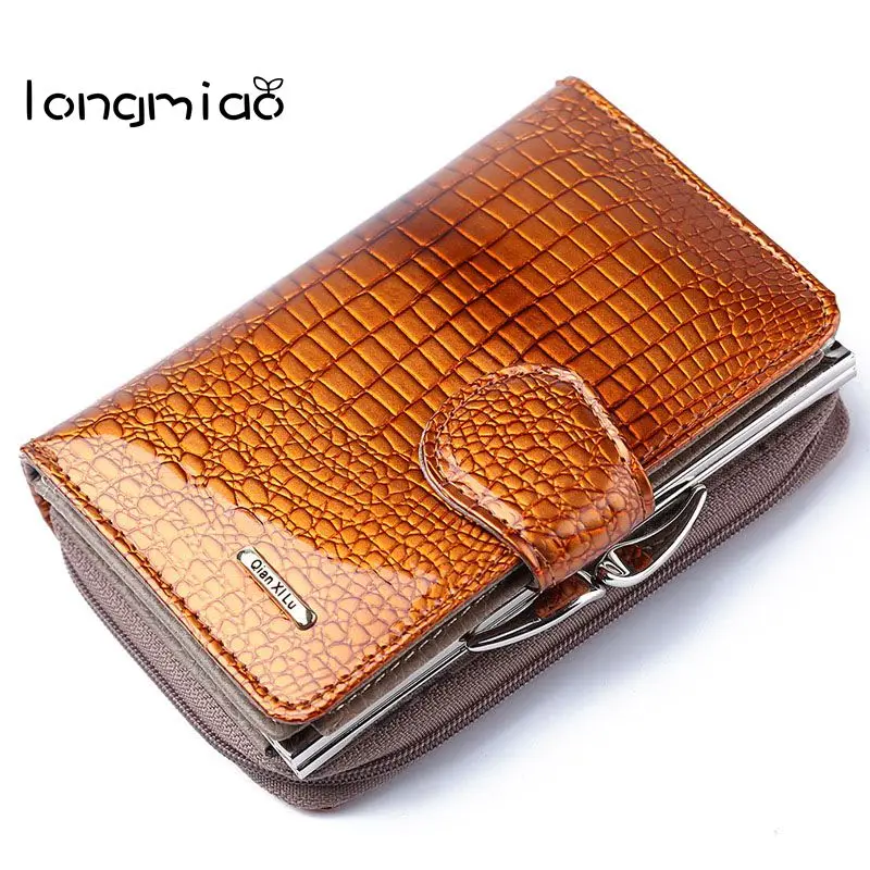 

longmiao Brand Design Genuine Leather Women Wallets Crocodile Purses with Card Holder Lady Short Alligator Trifold Wallet Clutch
