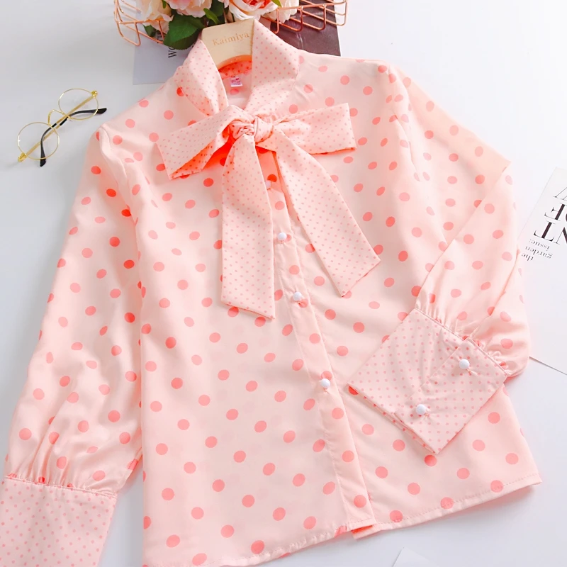 

2018 Autumn Sweet Vintage Women Chiffon Blouse Long Sleeve Polka Dot Women Blouse Pink Free Shipping Bowtie