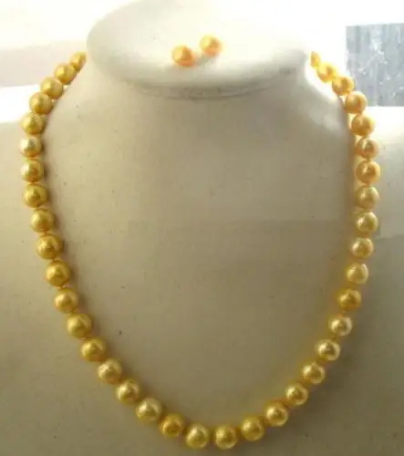 

Free Shipping >>>>10-11MM south sea yellow natural pearl necklace gift earring gold clasp