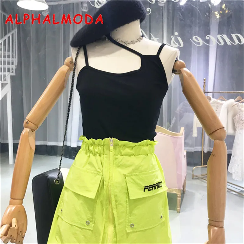 

ALPHALMODA Summer New Camisole Tops Women Black White Irregular Sling Casual Holidays Wear All-matching Summer Tops
