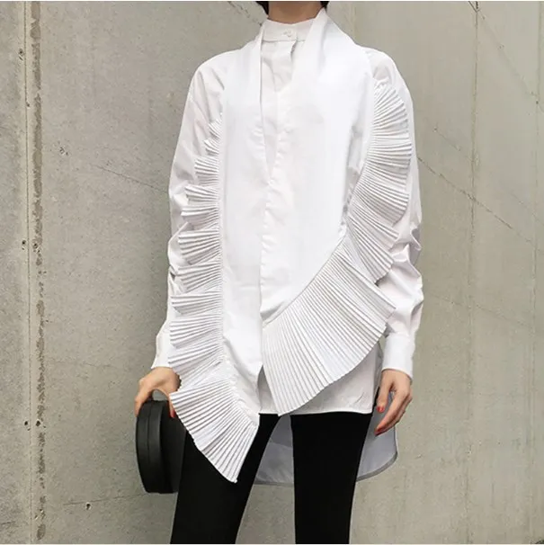 2019 Spring New Women Irregular Shirt Casual Fashion Pleated Decorative White Blouses Female Design Clothing fw245 |