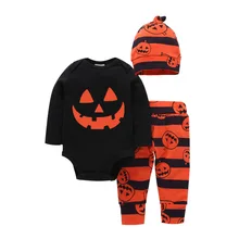 

DALEMOXU Spring and Autumn Halloween Pumpkin Black Boy Girl Clothing Sets Long Sleeve Infant Outfit 3 PCs Cartoon Print With Hat