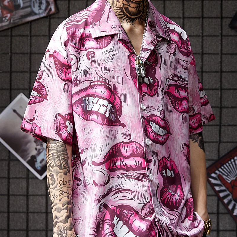 Японский Harajuku Ulzzang Tide розовые губы свободные с коротким рукавом мужская рубашка индивидуальная Гавайская пляжная рубашка с цветочным принтом