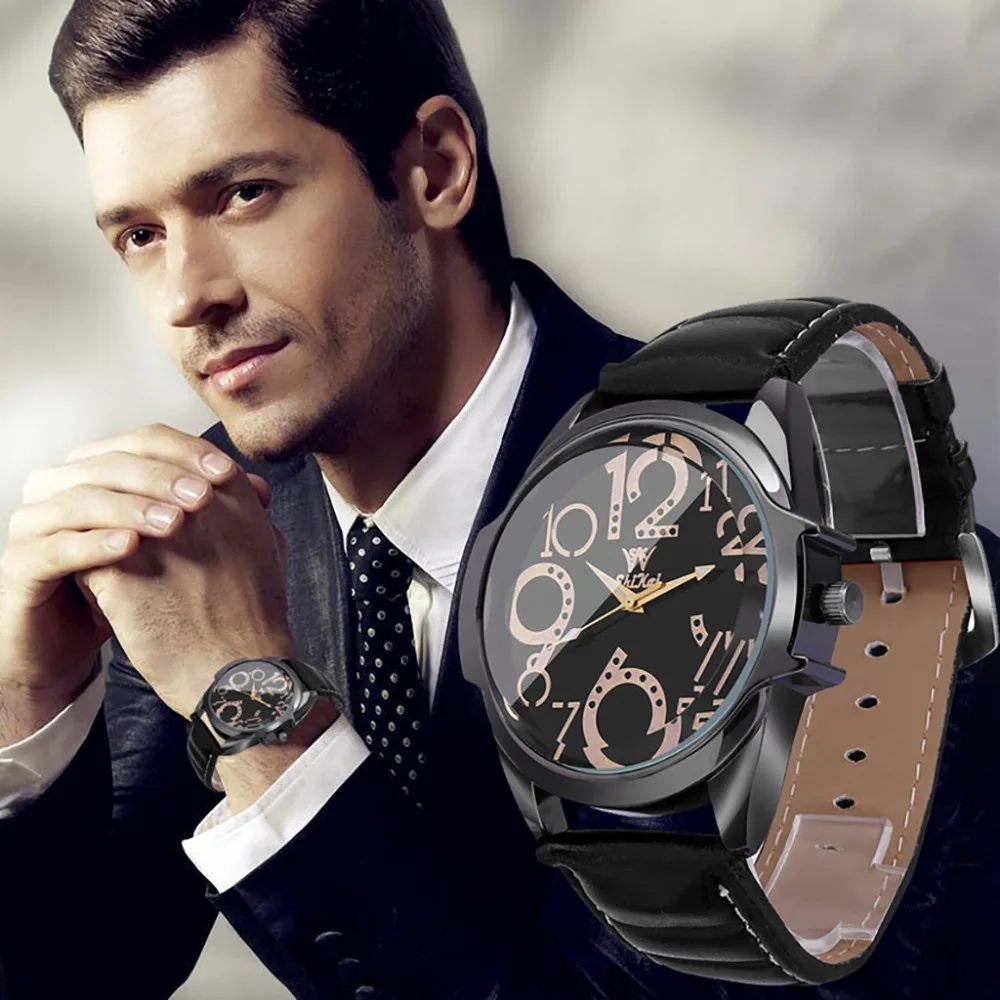 

Luxury Men's Watches Business Creative number Large Dial round Watch Quartz Wrist Fashion Leather Belt Analog maschi Clock B40