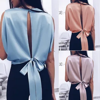 

Women Solid Sleeveless Blouse 2019 Spring Summer Sexy Tops Back Bowknot Shirts Casual Loose Plus Size O Neck Blusas