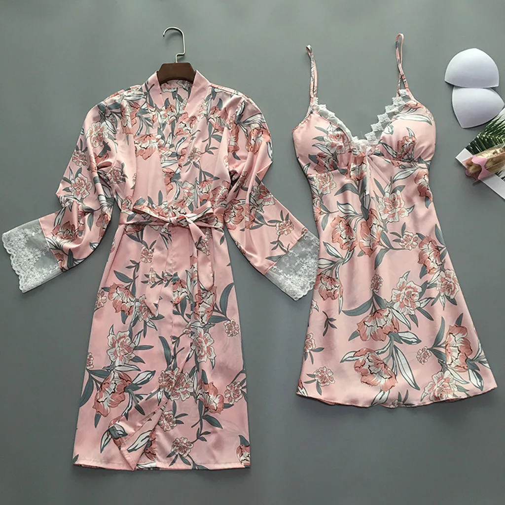 Женская сексуальная сатиновая Пижама, женская модная кружевная пижама с принтом, одежда для сна, комплект шелковой пижамы с длинным рукавом, новинка