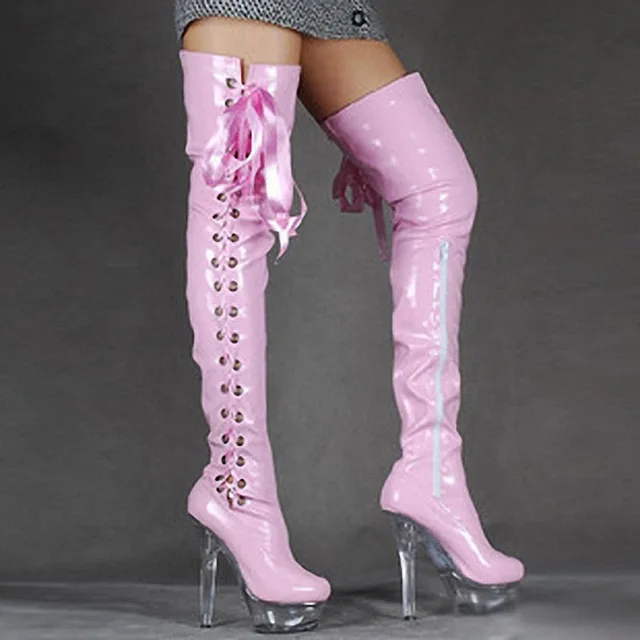 pink lace up thigh high boots
