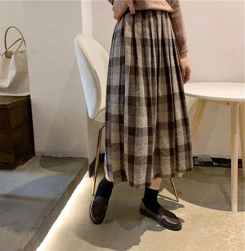 Зимние базовые юбки,, новые женские японские дизайнерские винтажные клетчатые юбки в консервативном стиле с высокой эластичной талией, 1268 - Цвет: coffee