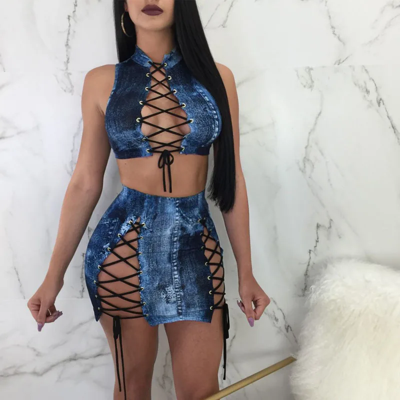 

Denim Printing Women Sets Blue Crop Top Outfits Tie Up Neck Lace up Skirt Sets Two Pieces Summer Hot Selling Clothing 2PCS Sets