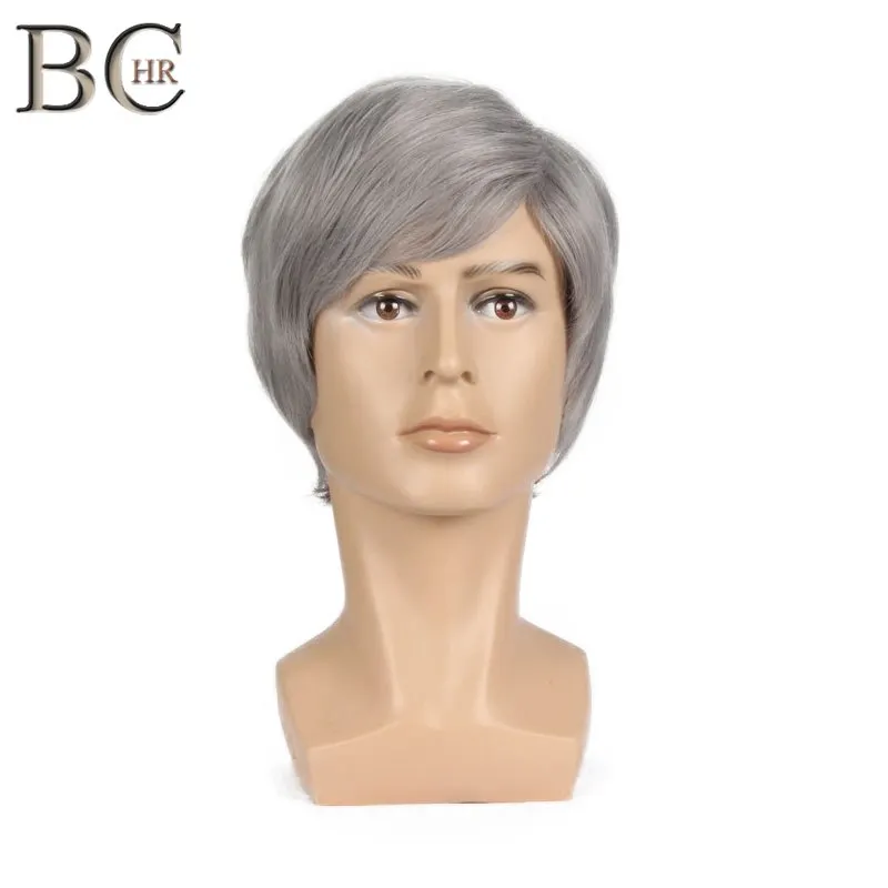 

BCHR Short Men Wig Straight Synthetic Wig for Men Male Hair Fleeciness Realistic Silver Mix Natural Full Wigs