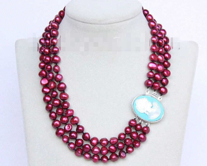 

QW411 Baroque 16"-18" 3row 9mm wine red pearls necklace seashell clasp j10087^^^@^Noble style Natural Fine jewe FREE SHIPPING
