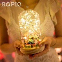 ROPIO 50/100 LED Night Light USB Charge or Battery Powered Firework Glass Cover Wood Base Table Night Lamp For Birthday Gift