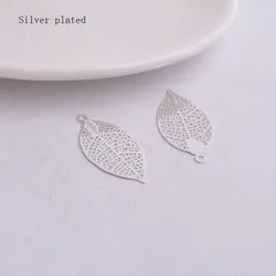 Set of 50 Painted Brass Leaf Charms - Elegant Filigree Pendants (Silver plated)