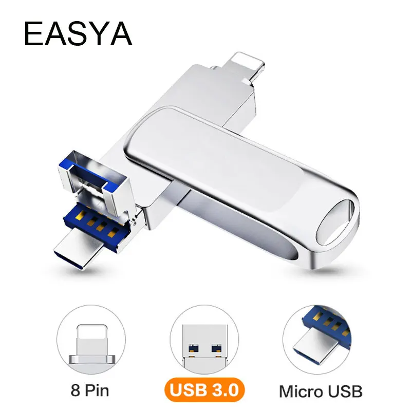 

EASYA OTG USB Flash Drive 32GB 64GB 128GB 3-in-1 Mini USB Stick for Lightning/Micro USB/USB 3.0 Interface for iPhone PC Laptop