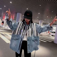 Женская джинсовая куртка с блестками harajuku верхняя одежда уличная Женская Осенняя Базовая джинсовая куртка Женская FF1309