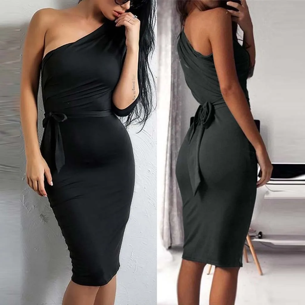 MUQGEW Women Dress Elegant Elastic Bodycon One Shoulder Half Solid