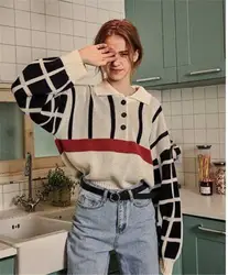 Для женщин свитера 2019 Ins Горячая ленивый нагрудные Ретро корейский трикотаж Harajuku отложным воротником свободные Повседневное пуловеры