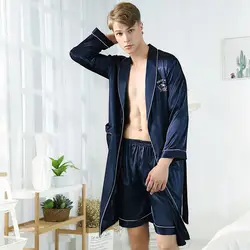 Шелковый мужской халат с коротким Штаны Ночная Рубашка домашняя одежда два комплекта Летние Удобные атласные Мужская пижама Шорты легко