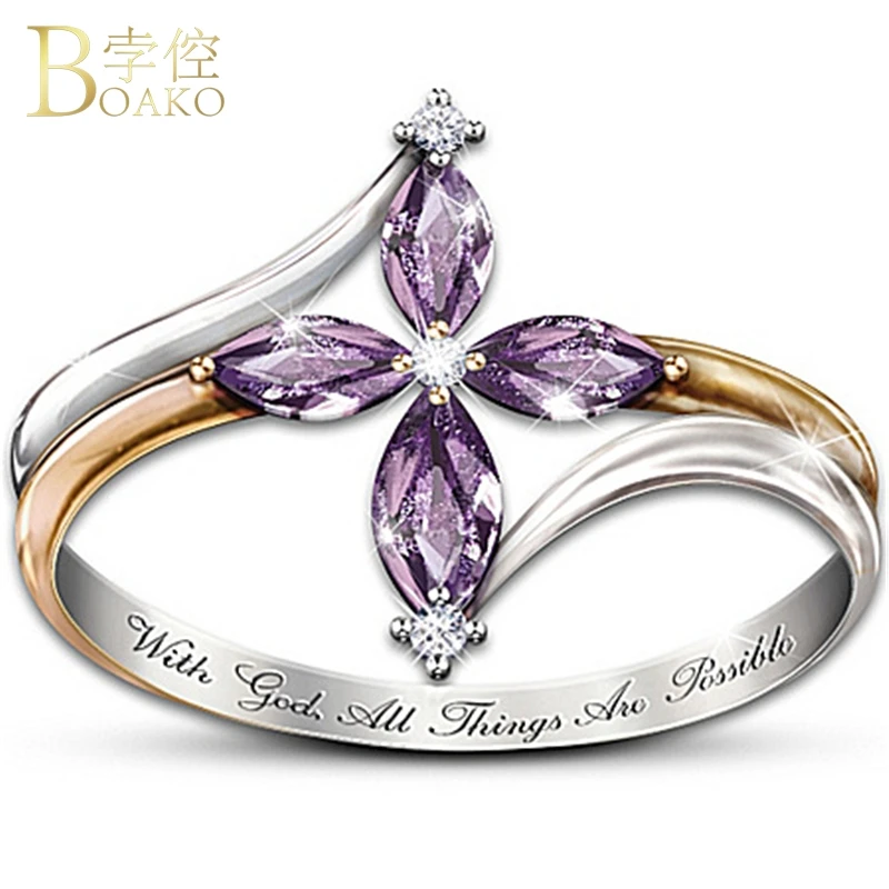 

BOAKO Crystal Rings for Women Flower Cubic Zircon Ring Wedding Engagement Party Jewelry Girl anillos mujer Z5