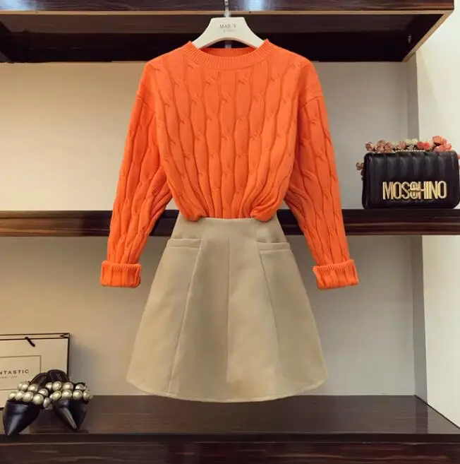 

Autumn Knitwear Suits Women New Thick Twist Long Sleeve Sweater Coat + High Waist Woolen Skirt Two-piece Girls Lady Skirts Set