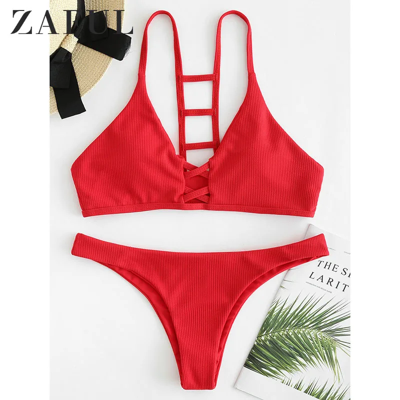 

ZAFUL Ribbed Knit Underwire Bikini Push Up Swimwear Women Swimsuit Sexy Low Waisted Straps Thong Bikini Set Bathing Suit Biquni