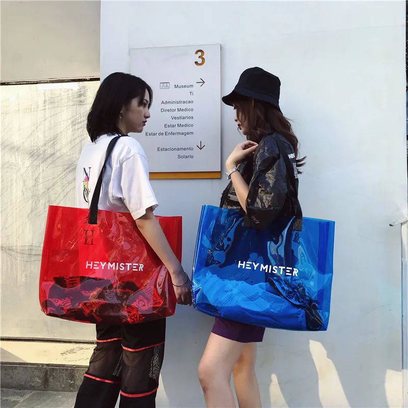 

2019 Summer Hot Sale Transparent Plastic Handbag Beach Shoulder Bag Women Fashion Totes Jelly Color PVC Clear Bag Large Capacity