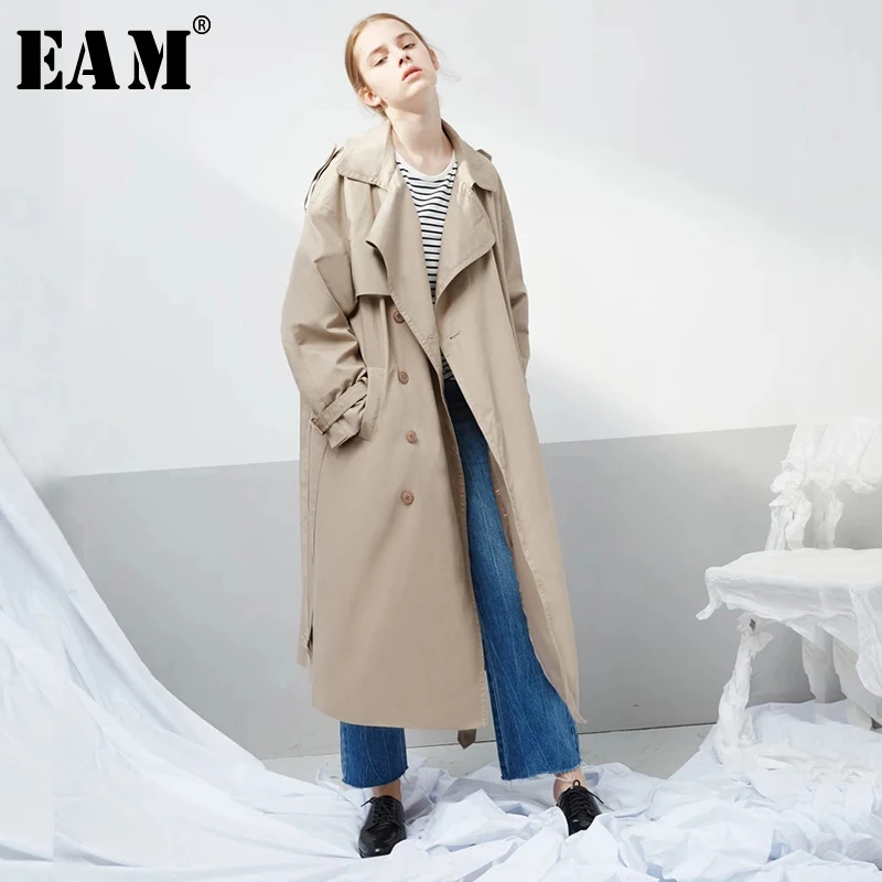

[EAM] 2019 New Autumn Winter Lapel Long Sleeve Khaki Bandage Split Joint Big Size Long Windbreaker Women Trench Fashion JX139