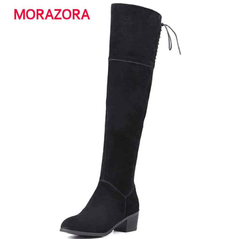 MORAZORA 2018 new autumn winter square heel cow suede leather boots round toe high heel over the knee boots zipper women boots MORAZORA 2018 new autumn winter square heel cow suede leather boots round toe high heel over the knee boots zipper women boots