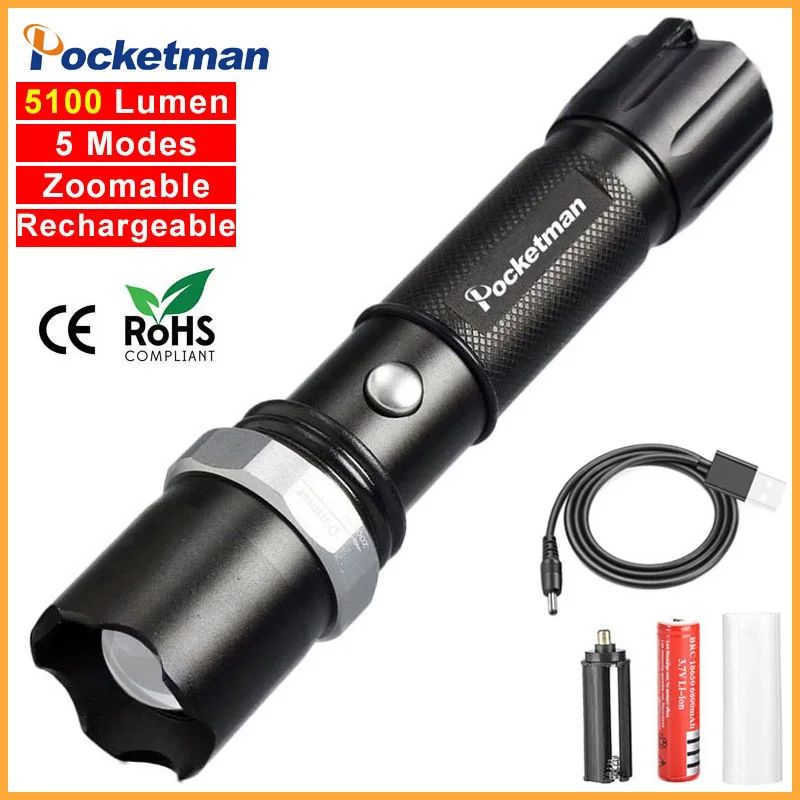 

5100Lumens Rechargeable LED Flashlight Adjustable XM-L T6 LED Torch 5modes Zoomable Lanterna For 18650 Battery or 3xAAA