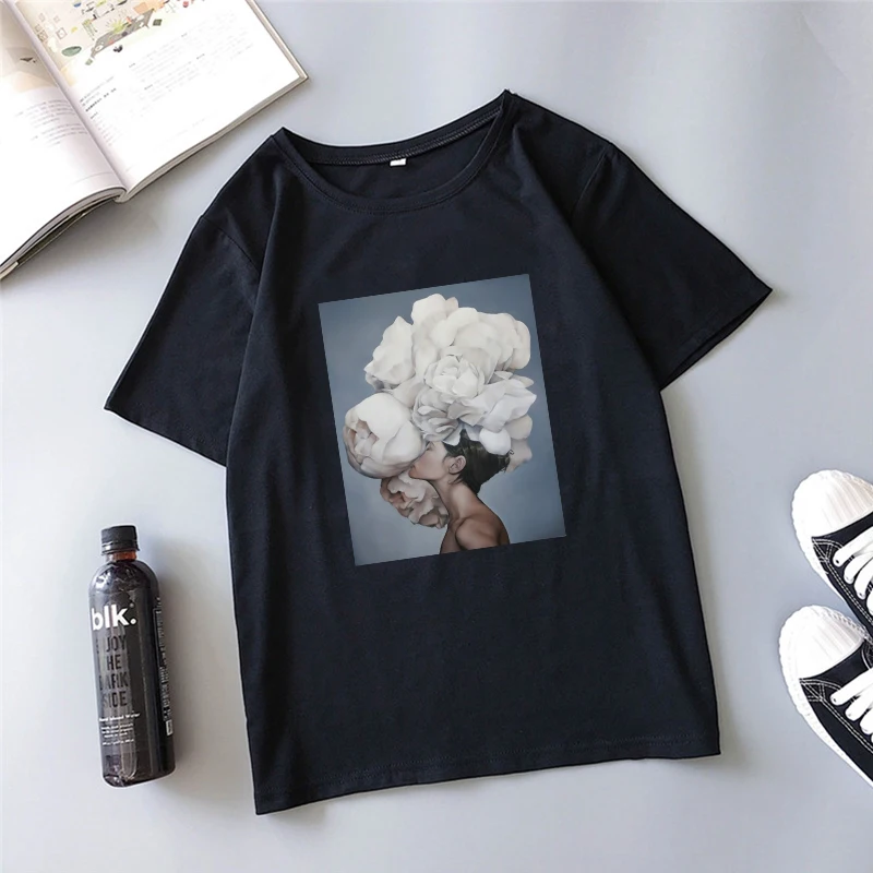 

2019 Women Summer New Harajuku Aesthetics T-shirt sexy O-Neck flower printing short-sleeve fashion casual women's T-shirt tops