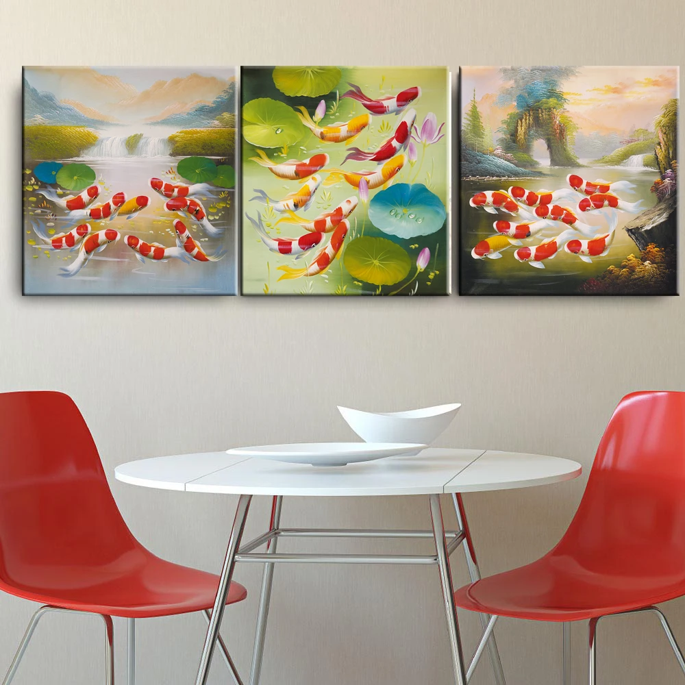 

Canvas Home Decor Print Poster Frame 3 Pieces Koi Fish Golden Lotus Chinese Pictures Cyprinus Carpio Feng Shui Painting Wall Art