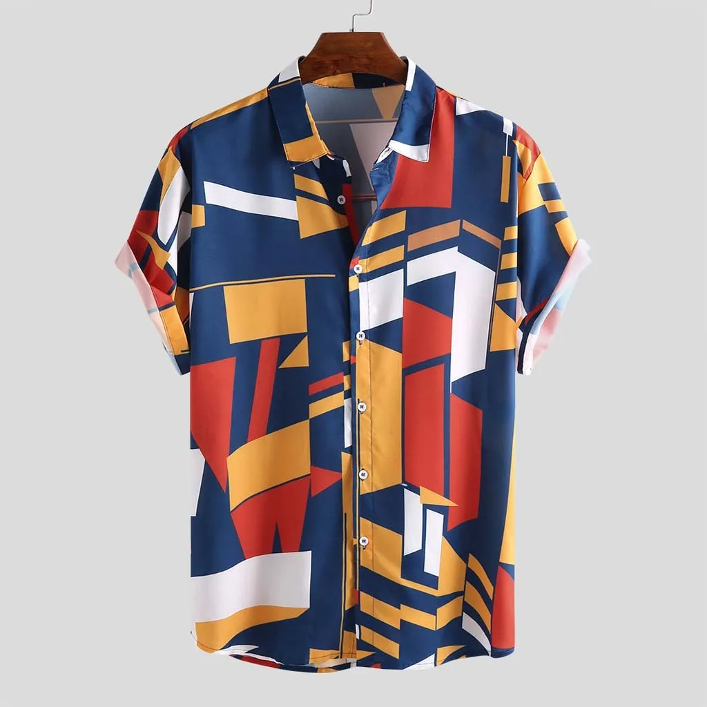 Mens Contrast Color Geometric Printed Turn Down Collar Short Sleeve Loose Shirts High Quality Casual Travel