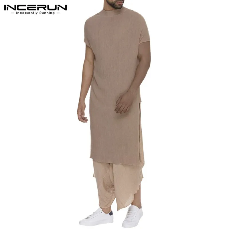INCERUN, винтажная длинная футболка для мужчин, короткий рукав, однотонный, Повседневный пуловер, индийская одежда для мужчин, свободные, с разрезом, футболки для мужчин
