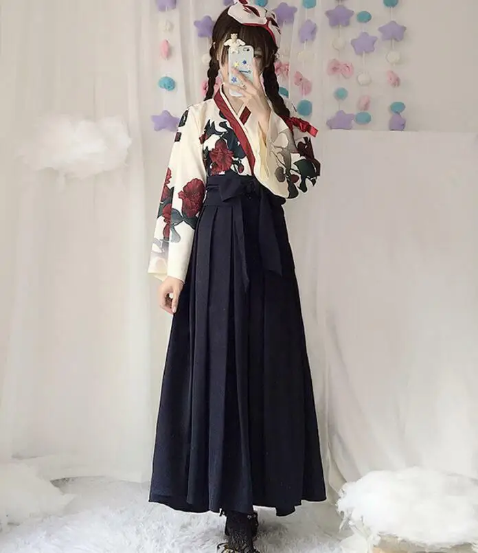 Повседневный винтажный китайский стиль с принтом камелии женское японское кимоно лолита костюм ханьфу мягкая сестра костюм из двух частей платье - Цвет: Небесно-голубой