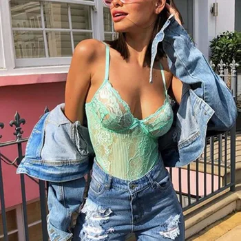 

Women Hollow Out Jumpsuit Sleeveless V Neck Lace Slim Fit Leotard Rompers for Summer BMF88