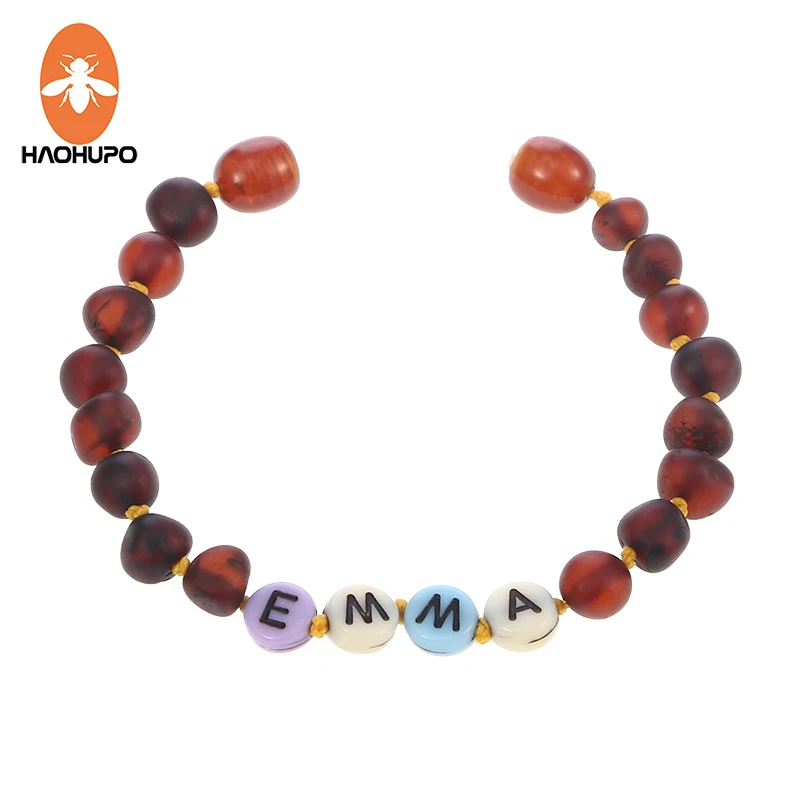 

HAOHUPO Custom Name Amber Jewelry Baltic Amber Teething Bracelet Anklet with BABY'S NAME Unique Children Natural Jewelry Gift