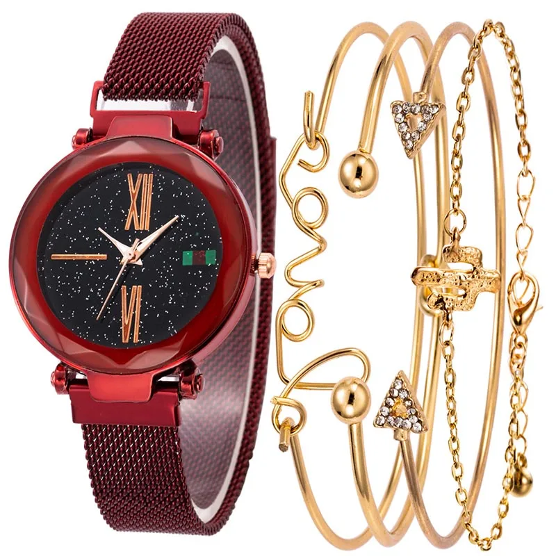 5 шт. в наборе, часы звездного неба для женщин,, женские наручные часы на запястье, модное платье, кварцевые часы, женский подарок, montre femme reloj mujer - Цвет: Red