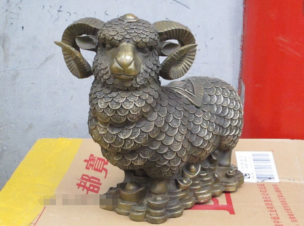 

13"China Feng shuey Bronze handwork money Coin wool Sheep Ovis aries Statue