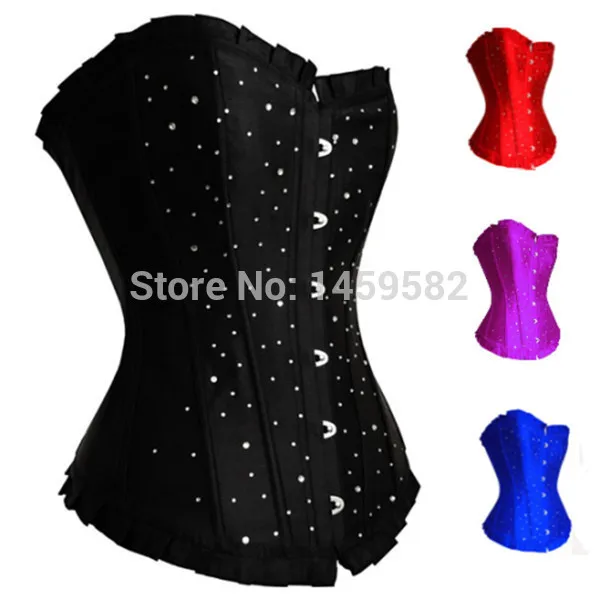 

Ladies Lace up Boned Overbust Corset Bustier rhinestone gothic burlesque Diamante bustier corselet S-6XL 804