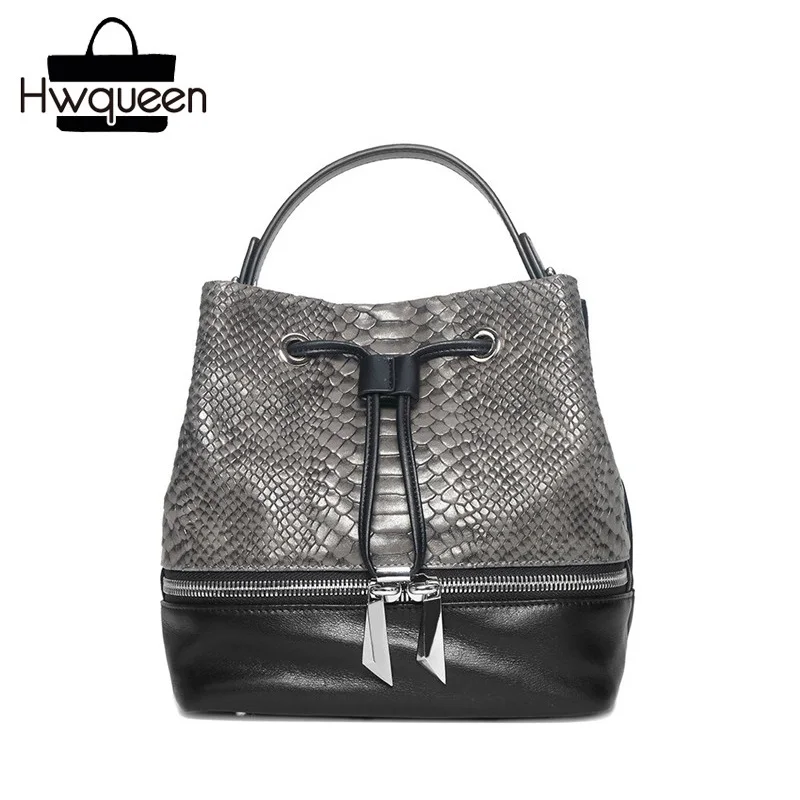 

Serpentine Pattern Genuine Leather String Closure Women Small Bucket Purse Cowhide Female Single Cross Shoulder Bag Lady Handbag