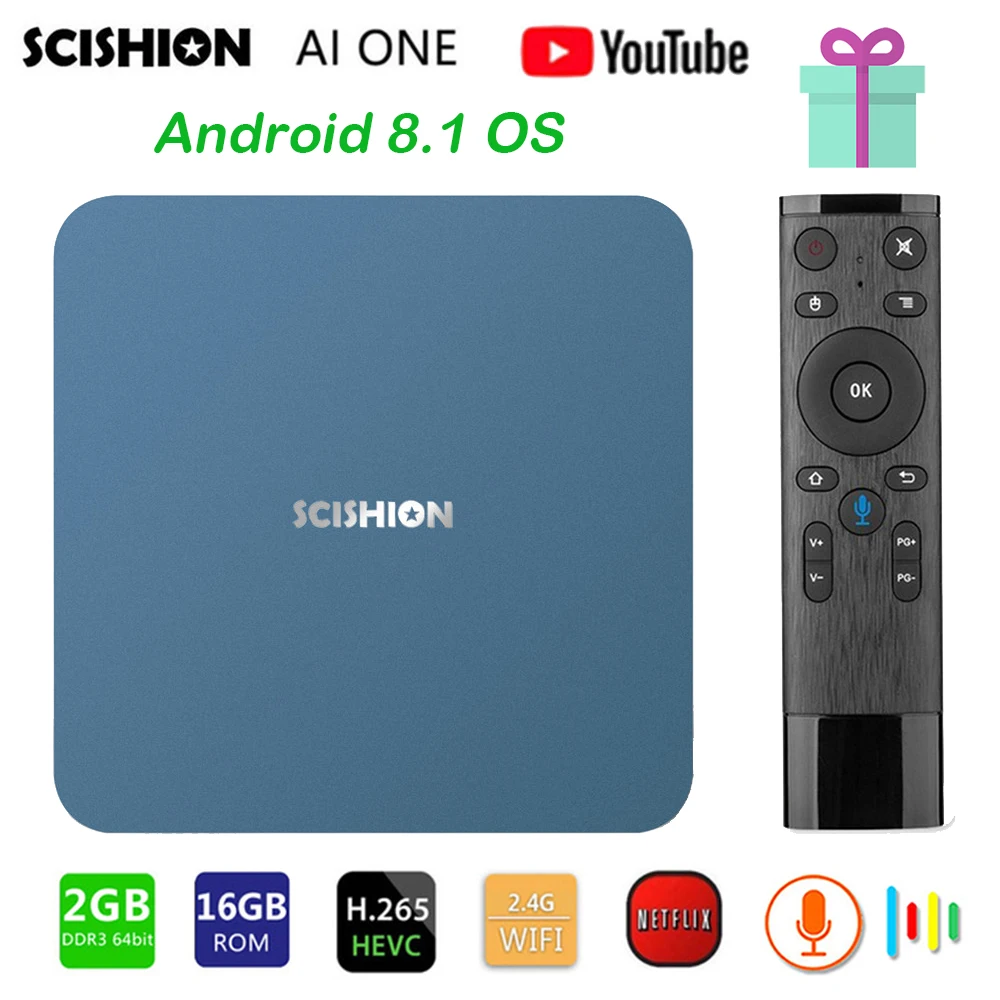 

Hot Selling SCISHION AI ONE Android 8.1 TV Box Rockchip 3328 Quad Core 2GB 16GB WiFi BT4.0 4K Media Player with Voice Control